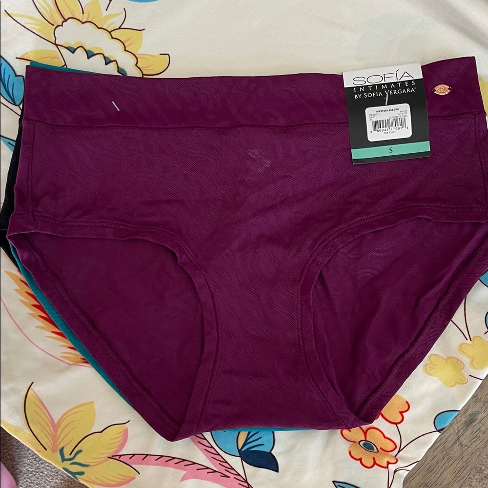 Sofia by Sofia Vergara 3- pack High-Cut Brief Panties plum, black, teal Small